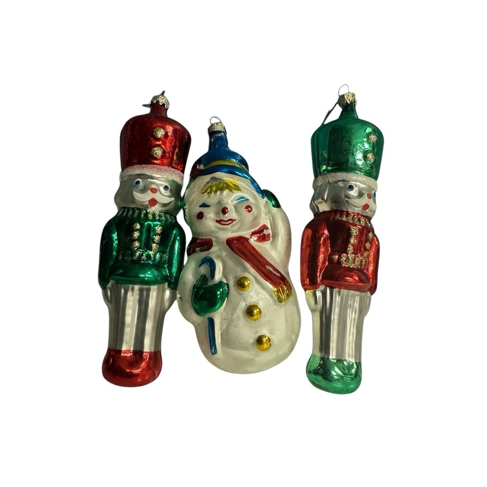 Lot of 3 Blown Glass Tree Ornaments Vtg‎ Christmas Nutcrackers and Snowman